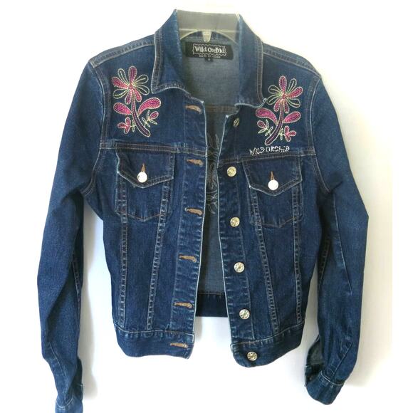WILD ORCHID Embroidered Jean Jacket Size S** Women Denim  Trucker Y2K Blue Fall - Picture 2 of 12